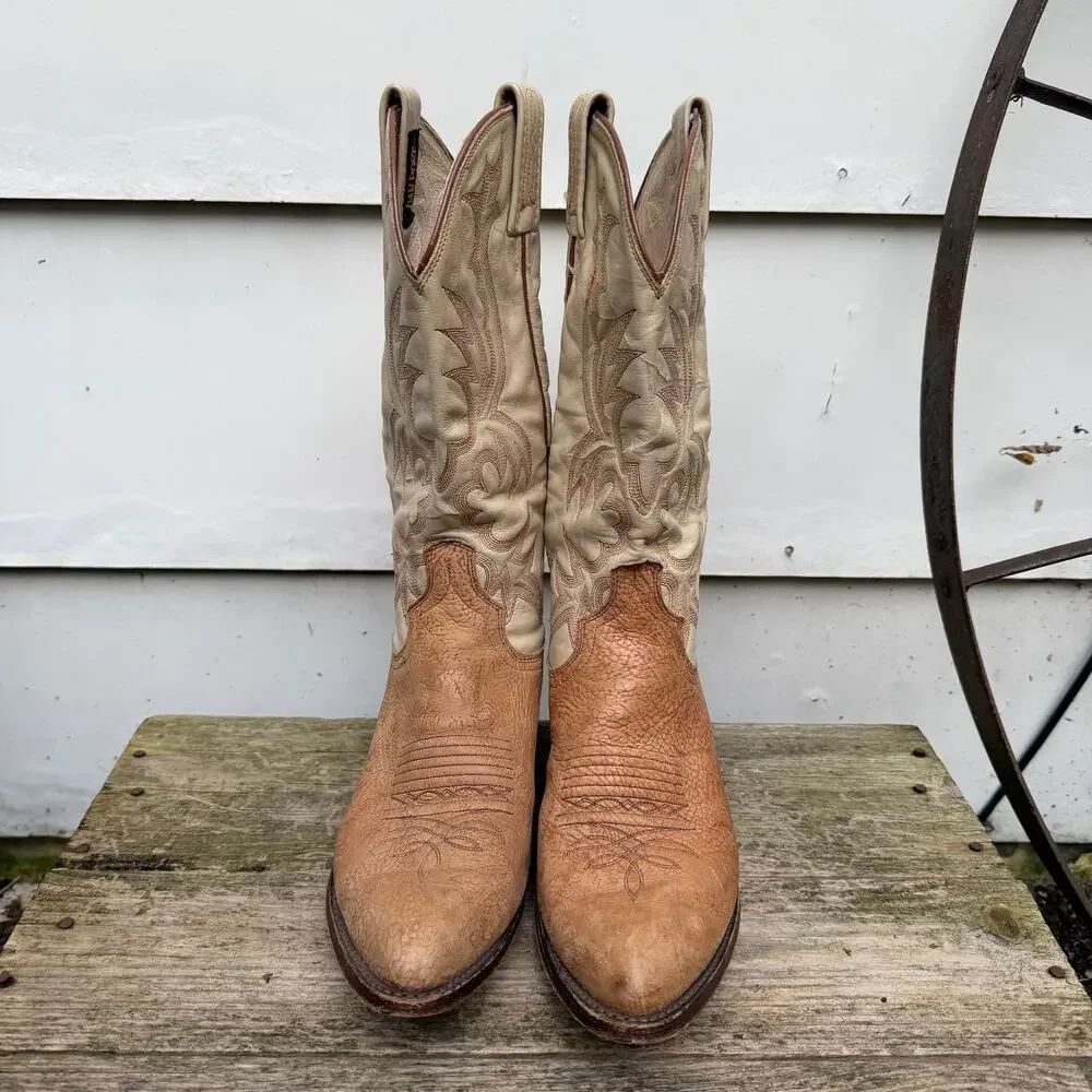 90s Dan Post 8 1/2D Shrunken Sanded Bull Shoulder Giraffe Stripe Cowboy Boots
